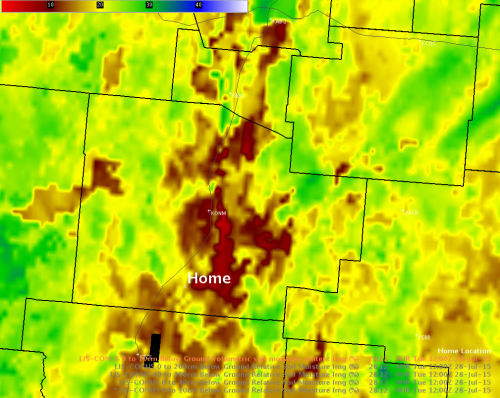 FIgure 3. NASA SPoRT 0-10cm relative soil moisture within south central Socorro County valid 12Z 28 July 2015. The location of the Fort Craig wildfire is indicated by the home identifier.