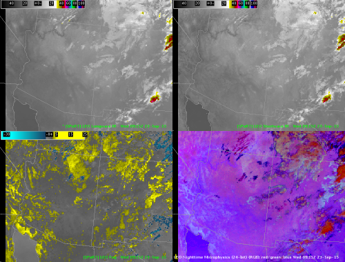 Image 1. Suomi-NPP VIIRS imagery valid 0915 UTC 23 Sep 2015, Longwave IR (upper left), Shortwave IR (upper right), LW-SW IR channel difference (