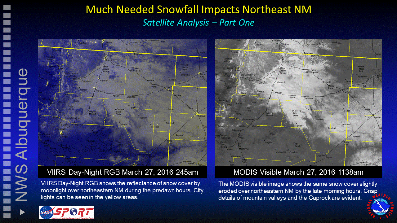 Graphical briefing showing the extent of snow cover during the nighttime and daytime periods on March 27, 2016.